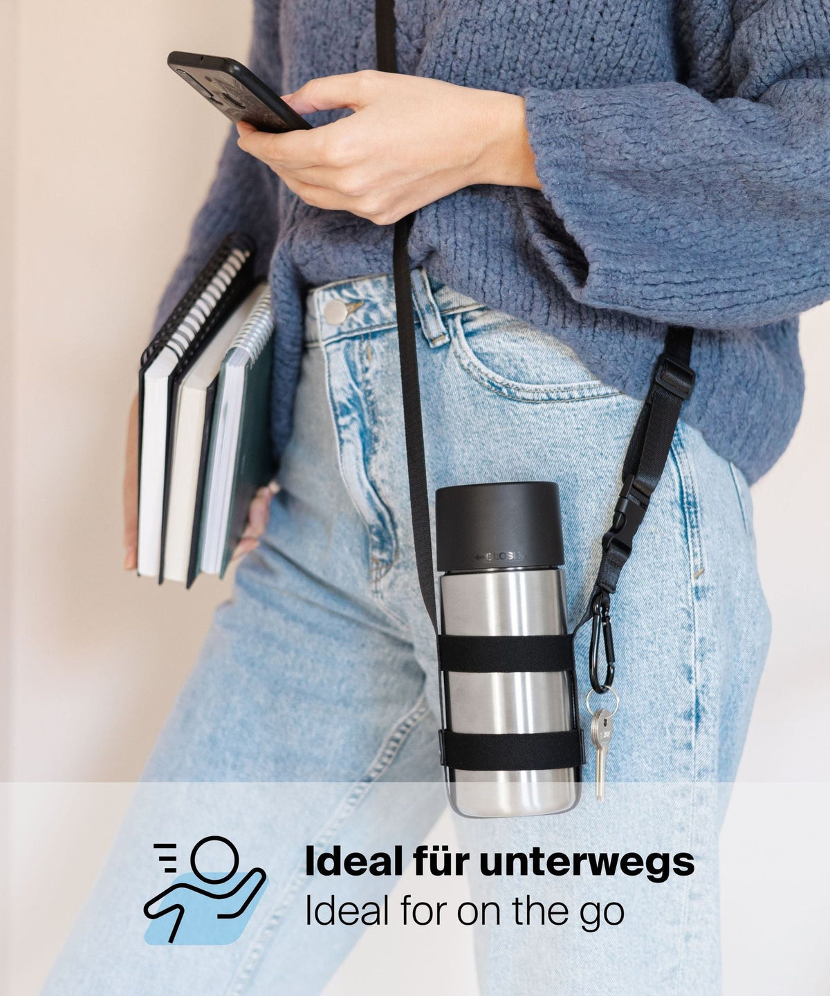 IRISgo® Holder im Einsatz, sicherer Halt für den Thermobecher unterwegs