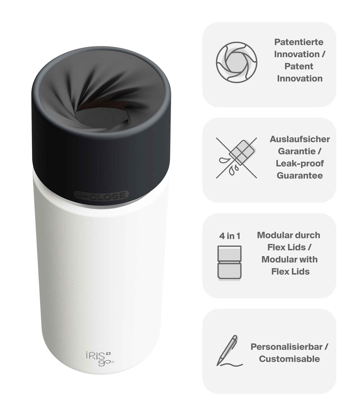 IRISgo® cup Thermobecher Flat White 500ml mit patentiertem Drehverschluss aus doppelwandigem Edelstahl, Swiss Made