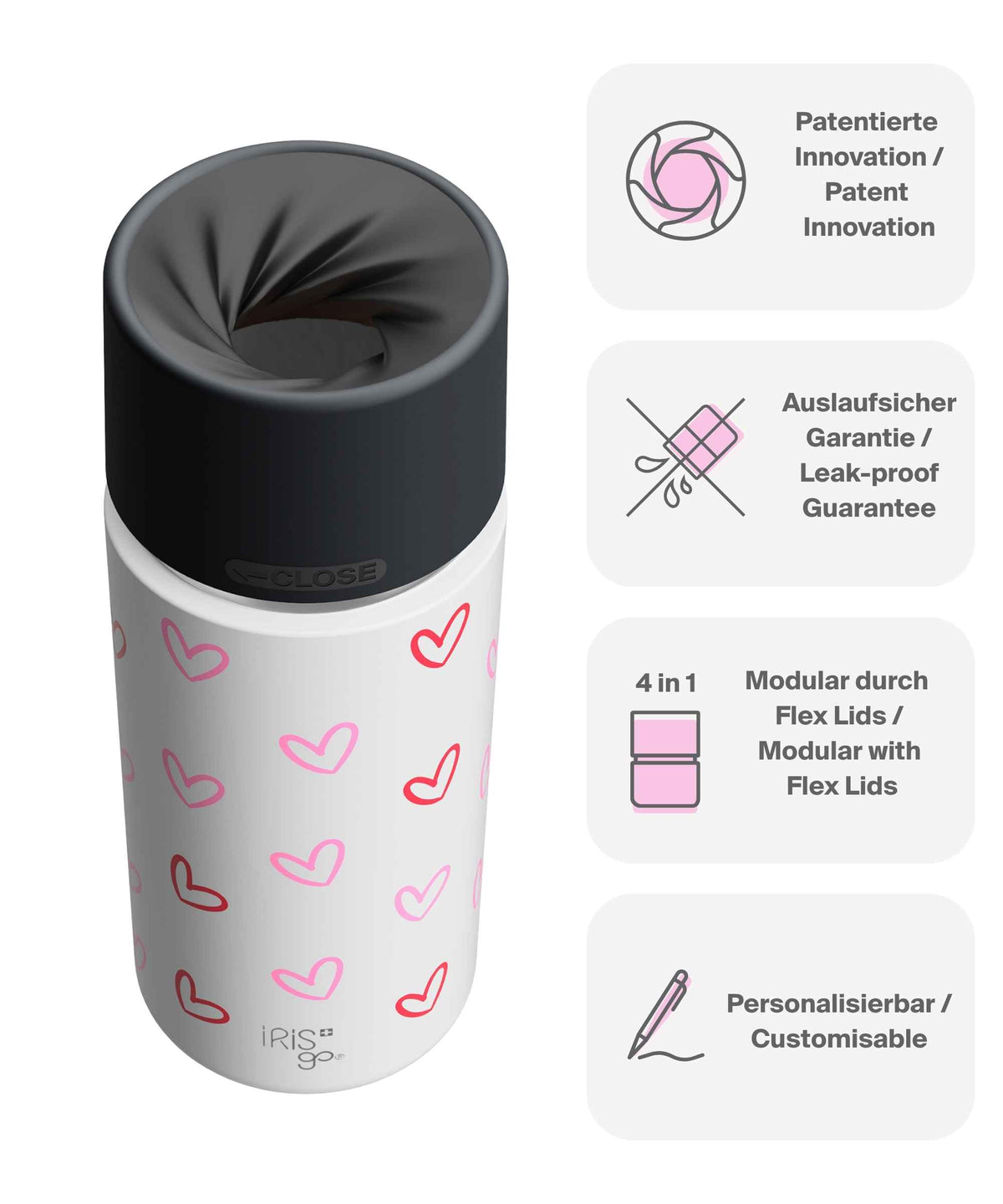 IRISgo® cup Thermobecher Herz Design 500ml mit patentiertem Drehverschluss aus doppelwandigem Edelstahl, Swiss Made