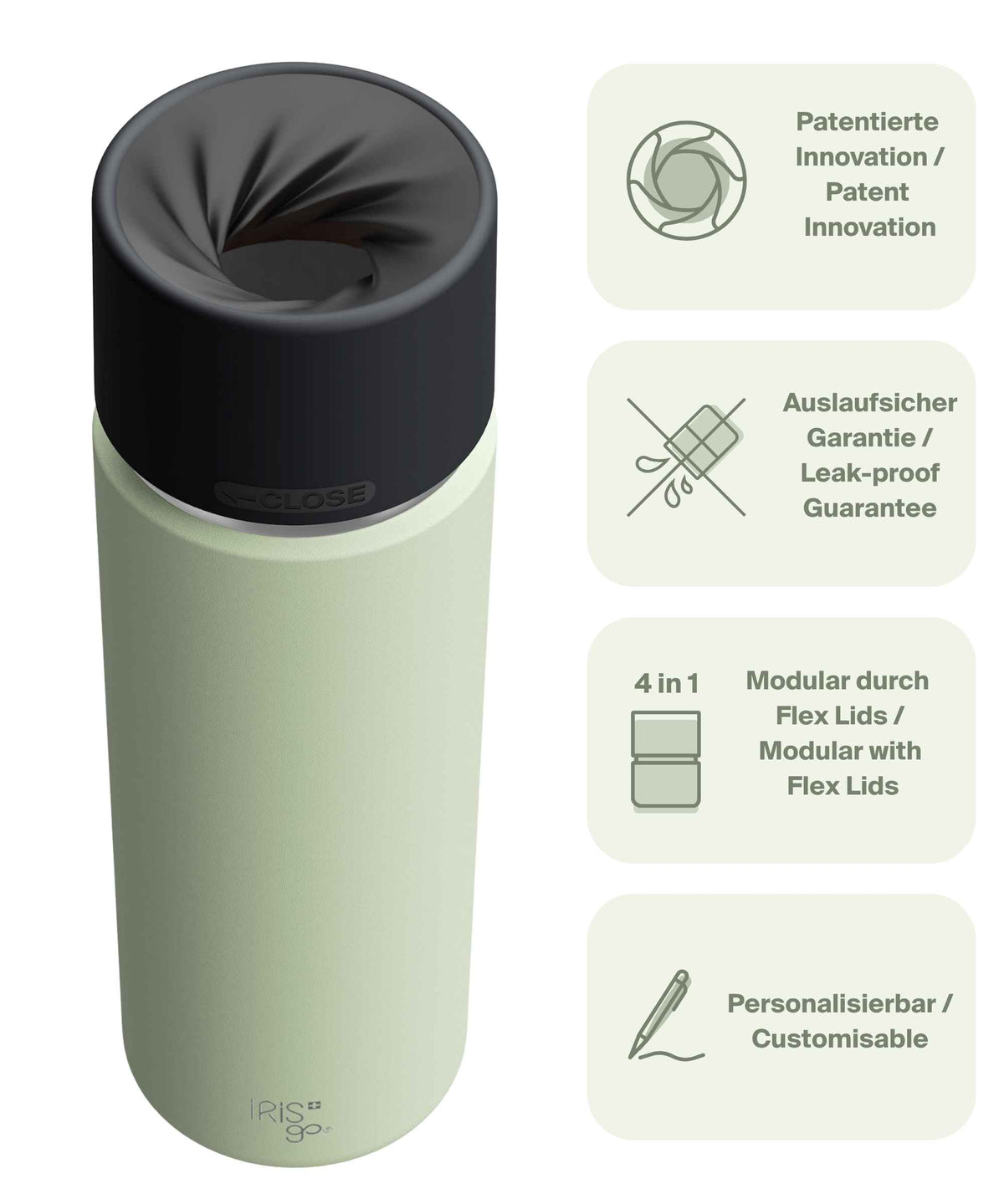 IRISgo® cup Thermobecher Kea Green 650ml mit patentiertem Drehverschluss aus doppelwandigem Edelstahl, Swiss Made
