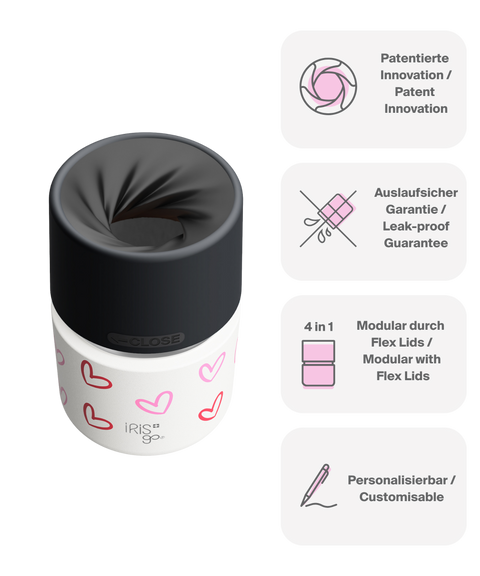 IRISgo cup drop 200ml Herz Design – patentiert, auslaufsicher, modular und personalisierbar