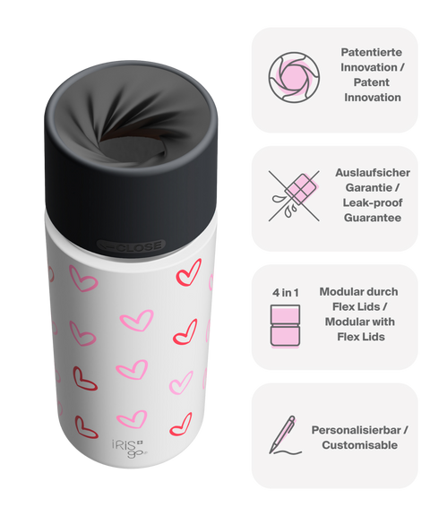 IRISgo cup flow 500ml Herz Design – patentiert, auslaufsicher, modular und personalisierbar