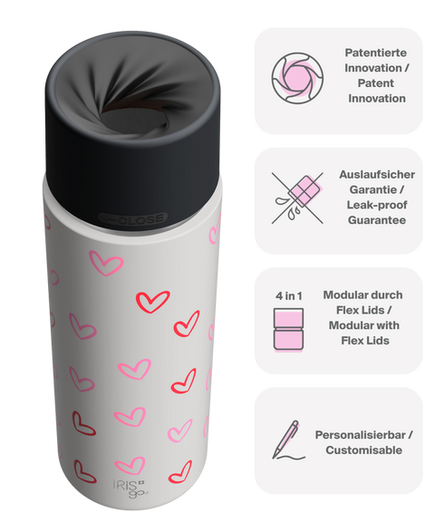 IRISgo cup stream 650ml Herz Design – patentiert, auslaufsicher, modular und personalisierbar