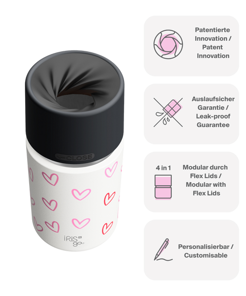 IRISgo cup Thermobecher weiss mit Herz Design 350ml mit patentiertem Drehverschluss aus doppelwandigem Edelstahl, Swiss Made