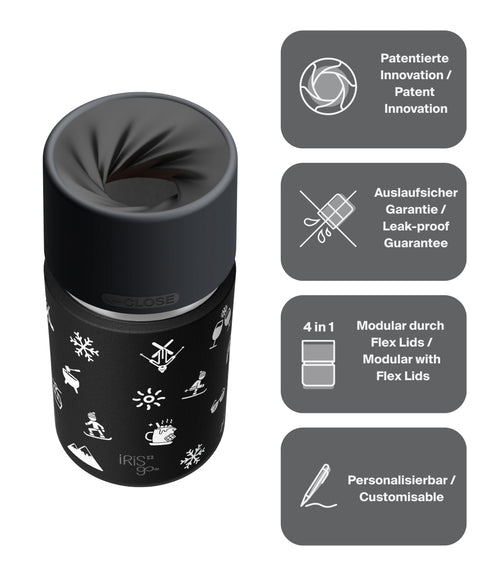 IRISgo Thermobecher mit patentiertem Silikonverschluss – auslaufsicher, grosse Trinköffnung, Winter-Design