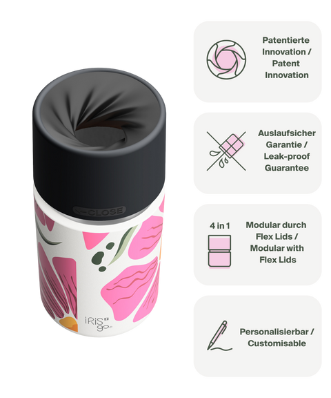 IRISgo cup sip 350ml Boho Bloom Design – patentierter Drehverschluss, auslaufsicher, modulares Flex-Lid-System und personalisierbar