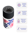 IRISgo cup sip 350ml Boho Coral Design – patentierter Drehverschluss, auslaufsicher, modulares Flex-Lid-System und personalisierbar