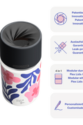 IRISgo cup sip 350ml Boho Coral Design – patentierter Drehverschluss, auslaufsicher, modulares Flex-Lid-System und personalisierbar