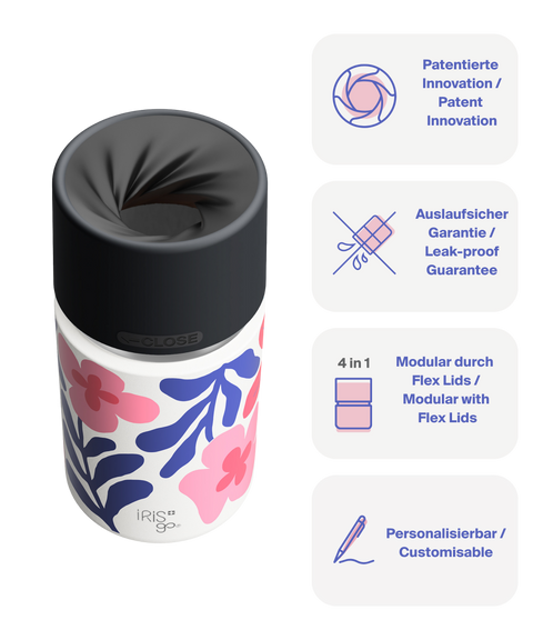 IRISgo cup sip 350ml Boho Coral Design – patentierter Drehverschluss, auslaufsicher, modulares Flex-Lid-System und personalisierbar