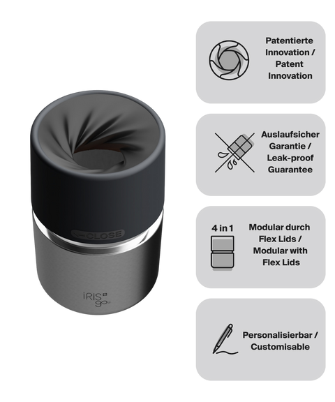 IRISgo cup Thermobecher Silber 200ml mit patentiertem Drehverschluss aus doppelwandigem Edelstahl, Swiss Made