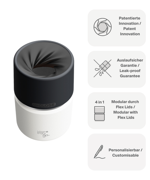 IRISgo cup Thermobecher weiss 200ml mit patentiertem Drehverschluss aus doppelwandigem Edelstahl, Swiss Made