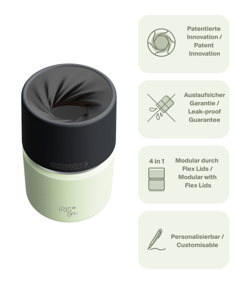 IRISgo cup Thermobecher grün 200ml mit patentiertem Drehverschluss aus doppelwandigem Edelstahl, Swiss Made