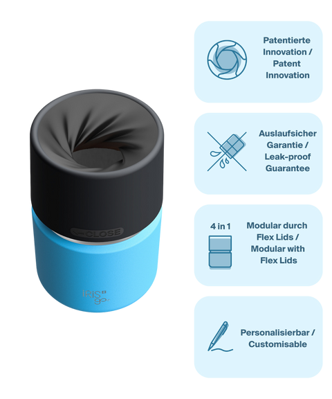IRISgo cup Thermobecher blau 200ml mit patentiertem Drehverschluss aus doppelwandigem Edelstahl, Swiss Made