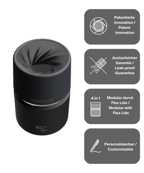IRISgo cup Thermobecher schwarz 200ml mit patentiertem Drehverschluss aus doppelwandigem Edelstahl, Swiss Made