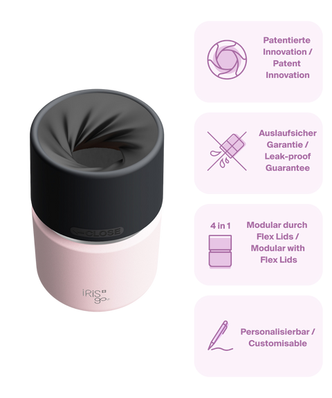 IRISgo cup Thermobecher rosé 200ml mit patentiertem Drehverschluss aus doppelwandigem Edelstahl, Swiss Made