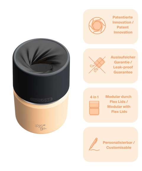 IRISgo cup Thermobecher orange 200ml mit patentiertem Drehverschluss aus doppelwandigem Edelstahl, Swiss Made