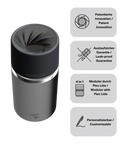 IRISgo cup Thermobecher Silber 350ml mit patentiertem Drehverschluss aus doppelwandigem Edelstahl, Swiss Made