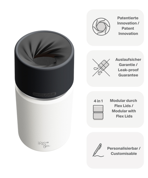 IRISgo cup Thermobecher weiss 350ml mit patentiertem Drehverschluss aus doppelwandigem Edelstahl, Swiss Made