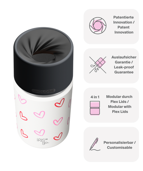 IRISgo cup Thermobecher weiss mit Herz Design 350ml mit patentiertem Drehverschluss aus doppelwandigem Edelstahl, Swiss Made