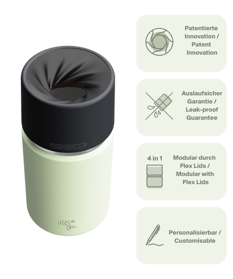 IRISgo cup Thermobecher grün 350ml mit patentiertem Drehverschluss aus doppelwandigem Edelstahl, Swiss Made