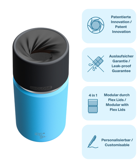 IRISgo cup Thermobecher blau 350ml mit patentiertem Drehverschluss aus doppelwandigem Edelstahl, Swiss Made