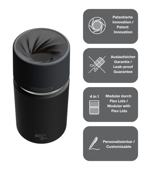 IRISgo cup Thermobecher schwarz 350ml mit patentiertem Drehverschluss aus doppelwandigem Edelstahl, Swiss Made