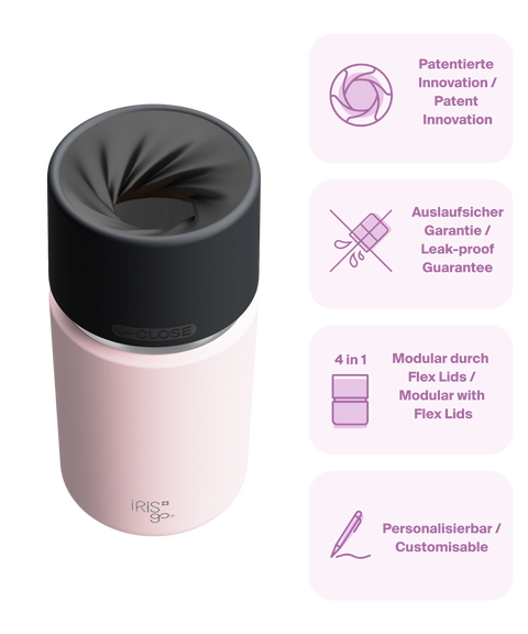 IRISgo cup Thermobecher rosé 350ml mit patentiertem Drehverschluss aus doppelwandigem Edelstahl, Swiss Made