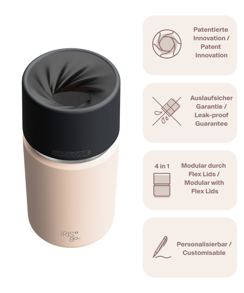 IRISgo cup Thermobecher beige 350ml mit patentiertem Drehverschluss aus doppelwandigem Edelstahl, Swiss Made