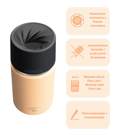 IRISgo cup Thermobecher orange 350ml mit patentiertem Drehverschluss aus doppelwandigem Edelstahl, Swiss Made