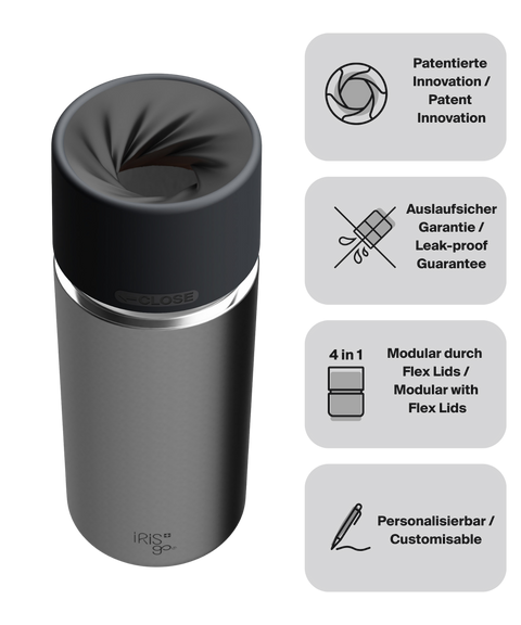 IRISgo cup Thermosflasche Silber 500ml mit patentiertem Drehverschluss aus doppelwandigem Edelstahl, Swiss Made