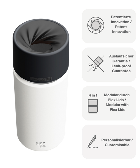IRISgo cup Thermosflasche weiss 500ml mit patentiertem Drehverschluss aus doppelwandigem Edelstahl, Swiss Made