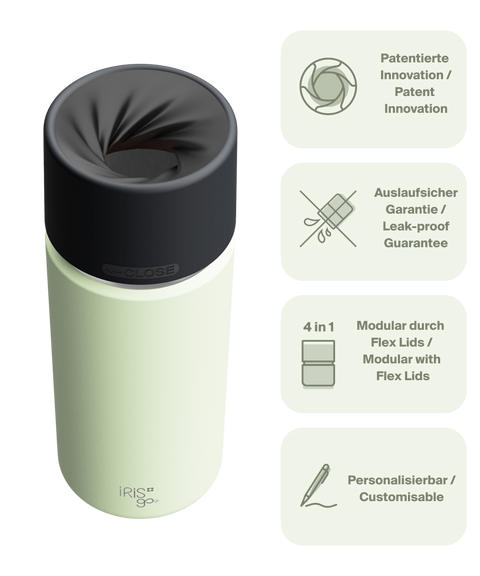 IRISgo cup Thermosflasche grün 500ml mit patentiertem Drehverschluss aus doppelwandigem Edelstahl, Swiss Made