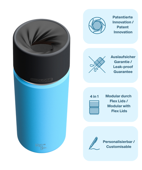 IRISgo cup Thermosflasche blau 500ml mit patentiertem Drehverschluss aus doppelwandigem Edelstahl, Swiss Made