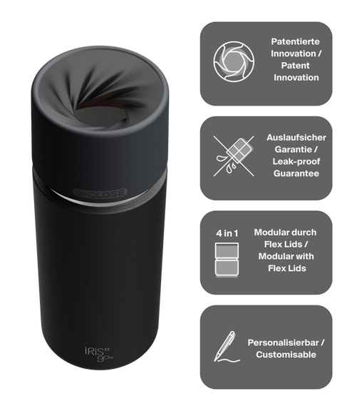IRISgo cup Thermosflasche schwarz 500ml mit patentiertem Drehverschluss aus doppelwandigem Edelstahl, Swiss Made