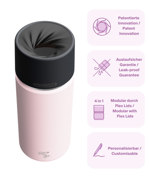 IRISgo cup Thermosflasche rosé 500ml mit patentiertem Drehverschluss aus doppelwandigem Edelstahl, Swiss Made