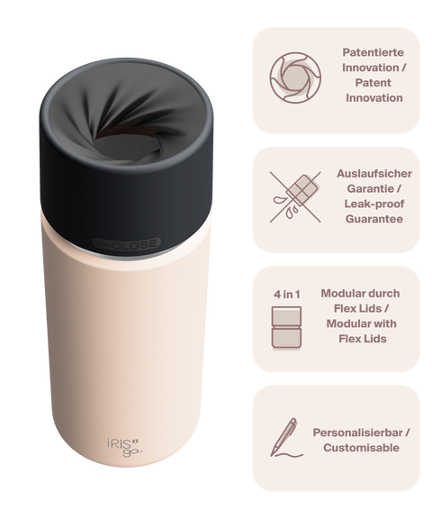 IRISgo cup Thermosflasche beige 500ml mit patentiertem Drehverschluss aus doppelwandigem Edelstahl, Swiss Made