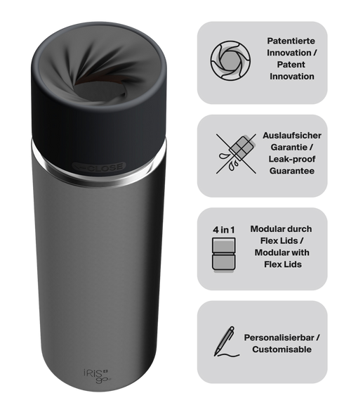 IRISgo cup Thermosflasche Silber 650ml mit patentiertem Drehverschluss aus doppelwandigem Edelstahl, Swiss Made