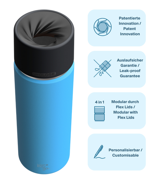 IRISgo cup Thermosflasche blau 650ml mit patentiertem Drehverschluss aus doppelwandigem Edelstahl, Swiss Made