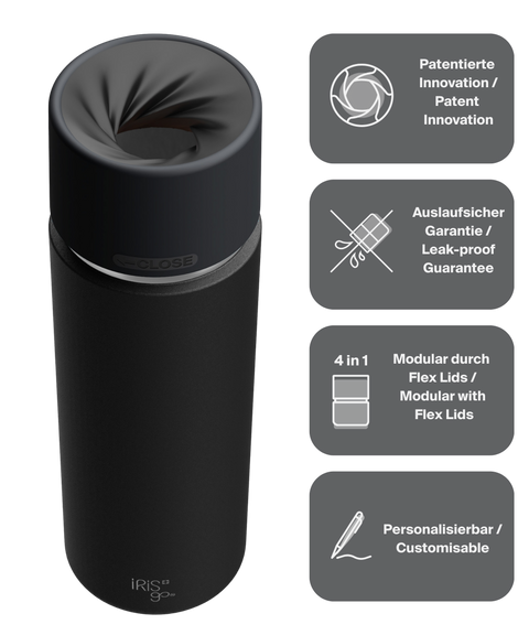 IRISgo cup Thermosflasche schwarz 650ml mit patentiertem Drehverschluss aus doppelwandigem Edelstahl, Swiss Made