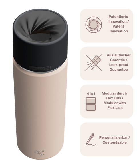 IRISgo cup Thermosflasche beige 650ml mit patentiertem Drehverschluss aus doppelwandigem Edelstahl, Swiss Made