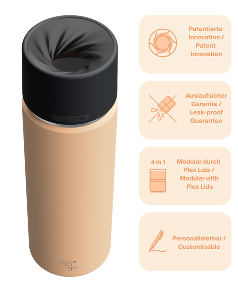 IRISgo cup Thermosflasche orange 650ml mit patentiertem Drehverschluss aus doppelwandigem Edelstahl, Swiss Made