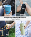 IRISgo cup Thermobecher in verschiedenen Alltagssituationen mit kompatiblen Aufsätzen wie Rush Lid 2, Active Lid, Cover und Straw Lid.