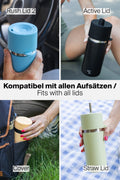 IRISgo Cup Thermobecher in verschiedenen Alltagssituationen mit kompatiblen Aufsätzen wie Rush Lid 2, Active Lid, Cover und Straw Lid.