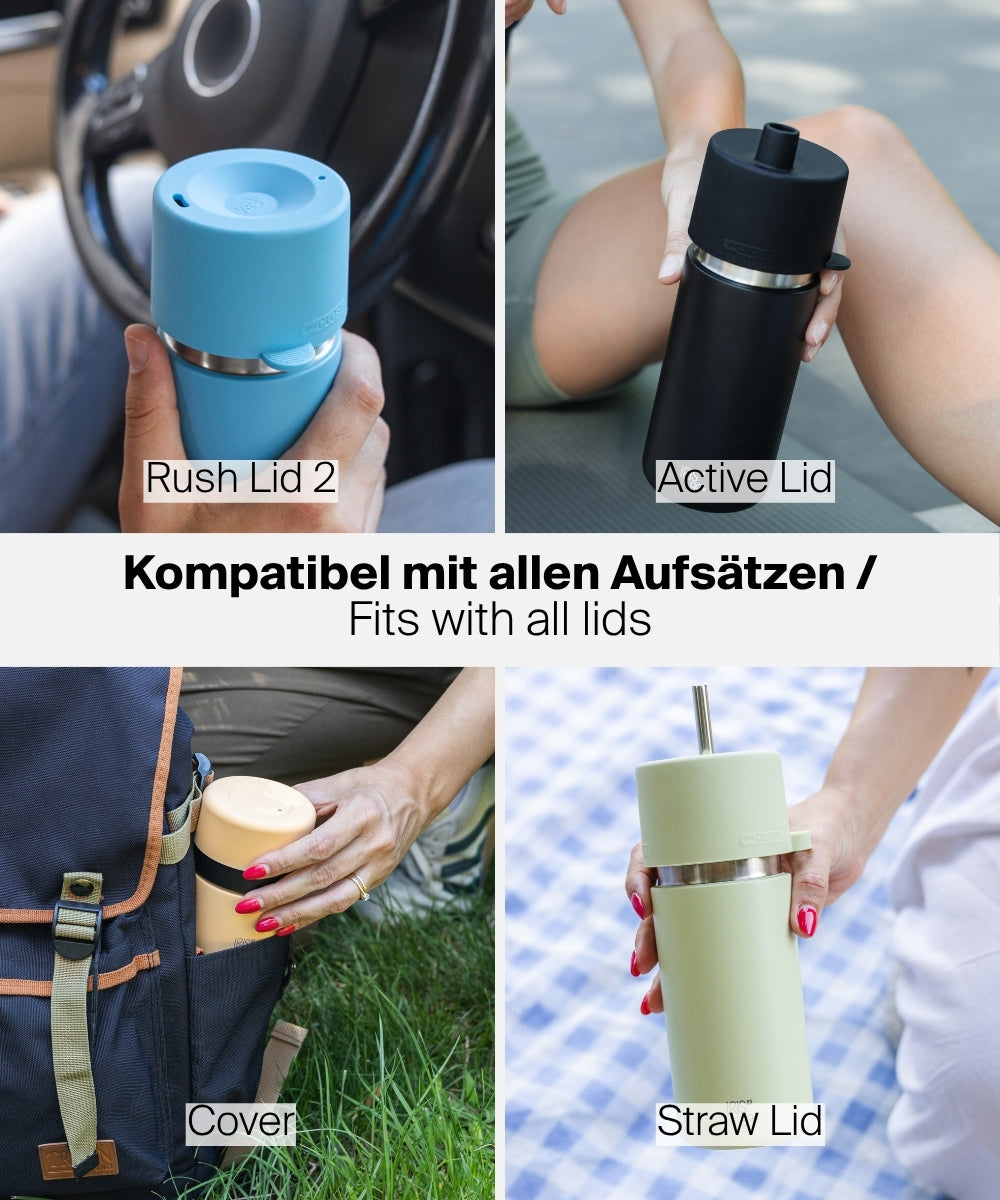 IRISgo cup Thermobecher in verschiedenen Alltagssituationen mit kompatiblen Aufsätzen wie Rush Lid 2, Active Lid, Cover und Straw Lid.