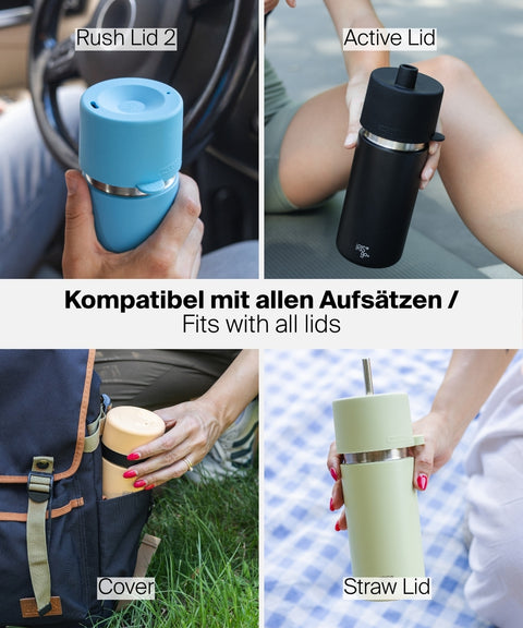 IRISgo Cup Thermobecher in verschiedenen Alltagssituationen mit kompatiblen Aufsätzen wie Rush Lid 2, Active Lid, Cover und Straw Lid.