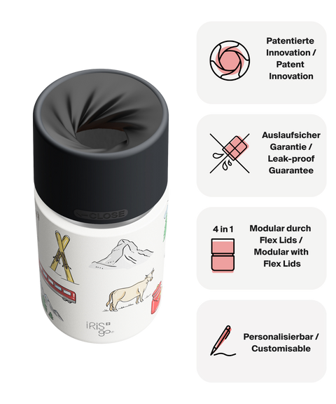 IRISgo cup sip 350ml Swiss Design – patentierter Drehverschluss, auslaufsicher, modulares Flex-Lid-System und personalisierbar