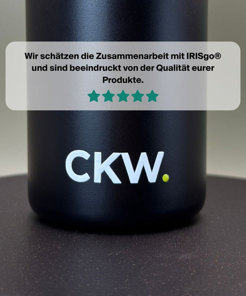 IRISgo® cup mit CKW Logo im Digitaldruck, Kundenstimme mit 5 Sternen, B2B Firmengeschenk