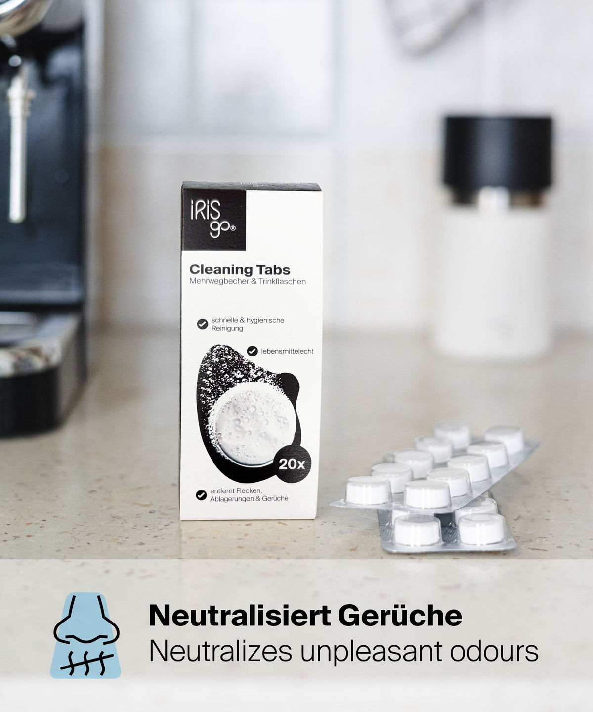 IRISgo Cleaning Tabs neutralisieren Gerüche in Thermobechern & Trinkflaschen – hygienische Reinigung mit 20 Tabletten