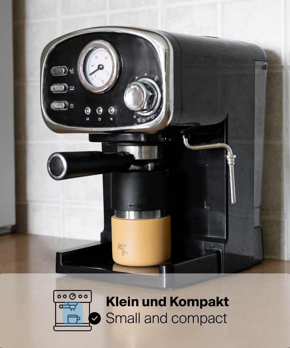IRISgo® cup drop 200ml Thermobecher passt klein und kompakt unter die Siebträger-Espressomaschine