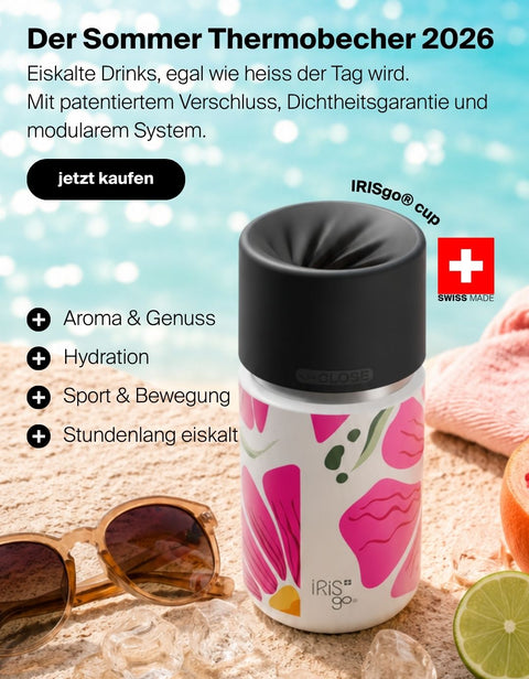 IRISgo cup Thermobecher Swiss Made mit patentiertem Verschluss, auslaufsicherem System und modularen Deckeln